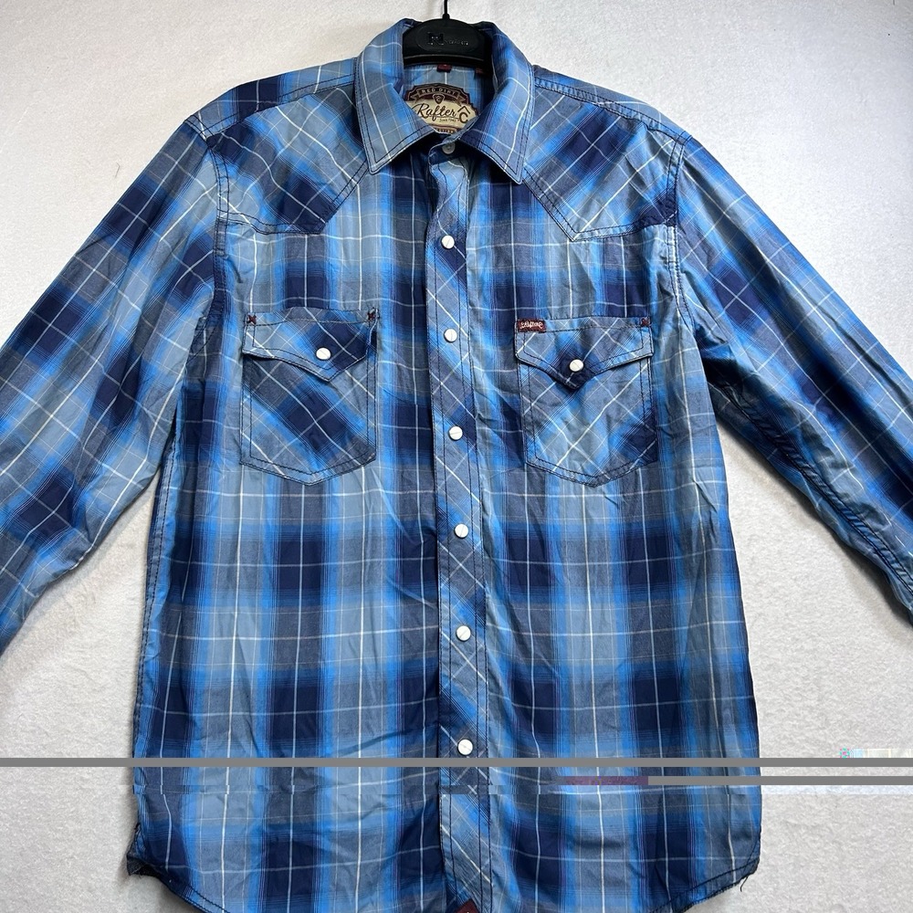 Rafter C Western Blue Plaid Pearl Snap Button Down Shirt Size S